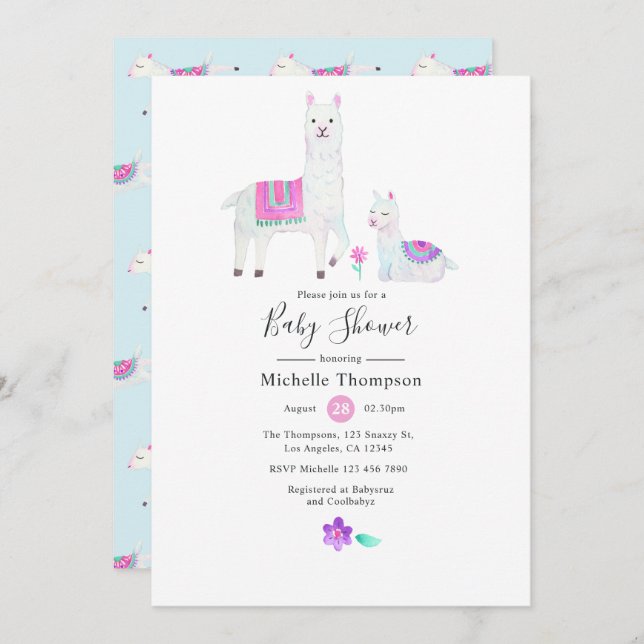 Cute Watercolor Llama themed Baby Shower Invitation (Front/Back)