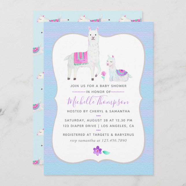 Cute Watercolor Llama themed Baby Shower Invite (Front/Back)