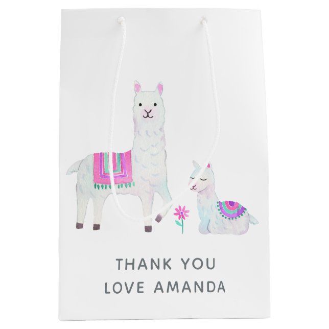 Cute Watercolor Llama themed Baby Shower Medium Gift Bag (Front)