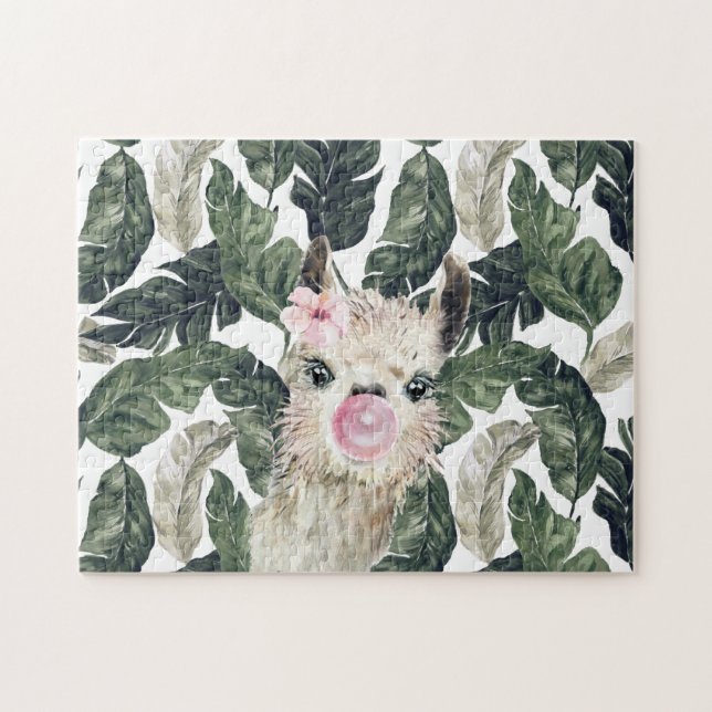 Cute Watercolor Llama | Tropical Monstera Jigsaw Puzzle (Horizontal)