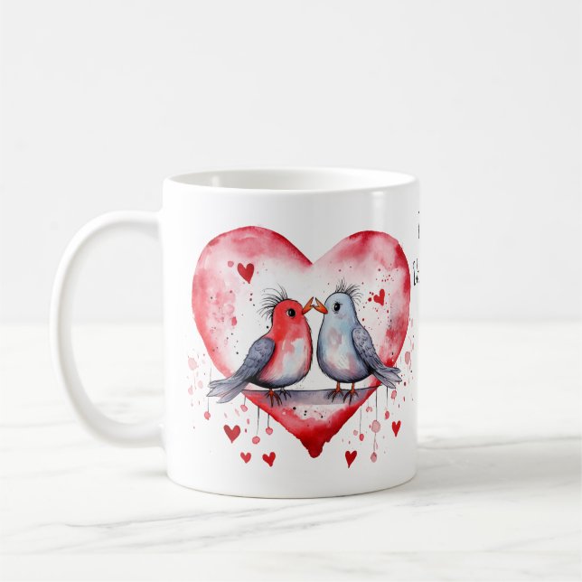 Cute Watercolor Love Birds Happy Valentine's Day Coffee Mug (Left)
