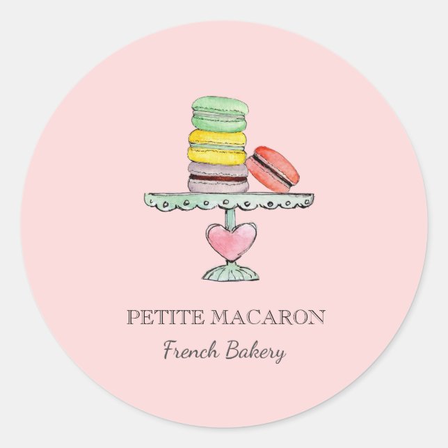 Cute Watercolor Macarons pink bakery  Classic Round Sticker (Front)