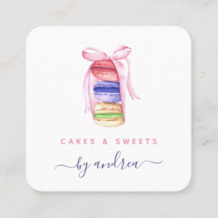 Cute Watercolor Macarons & Pink Ribbon QR Code Square Business Card