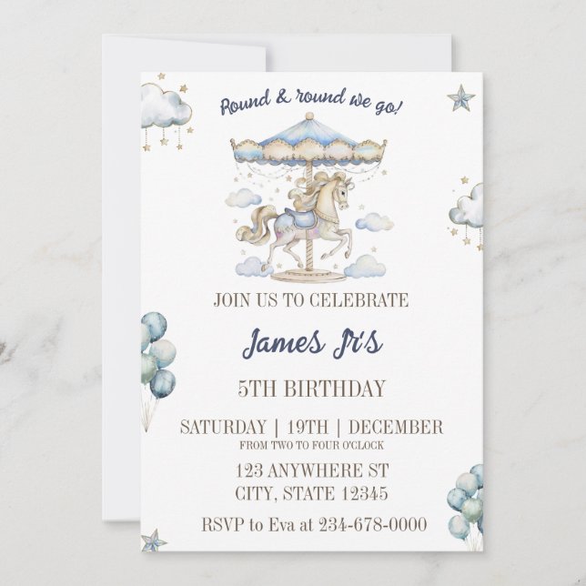 Cute Watercolor Magical Carousel Birthday Party Invitation (Front)