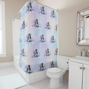 Cute Watercolor Magical Mermaid Kids Shower Curtain