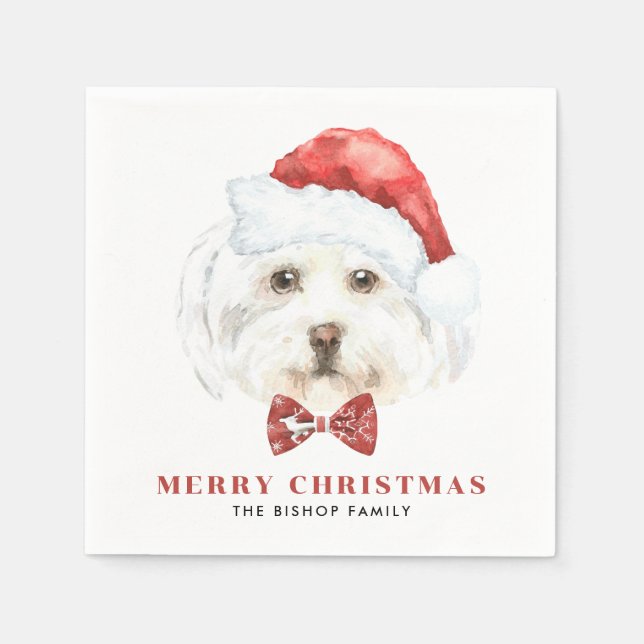 Cute Watercolor Maltese Dog Santa Christmas Napkin (Front)