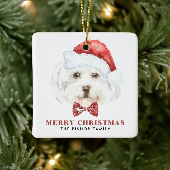 Cute Watercolor Maltese Santa Merry Christmas Ceramic Ornament (Tree)
