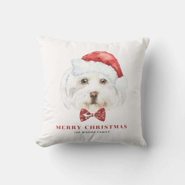 Cute Watercolor Maltese Santa Merry Christmas Cushion (Front)