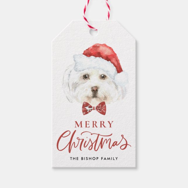 Cute Watercolor Maltese Santa Merry Christmas Gift Tags (Front)