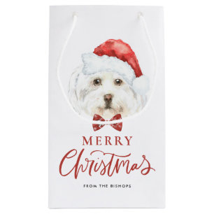 Cute Watercolor Maltese Santa Merry Christmas Small Gift Bag