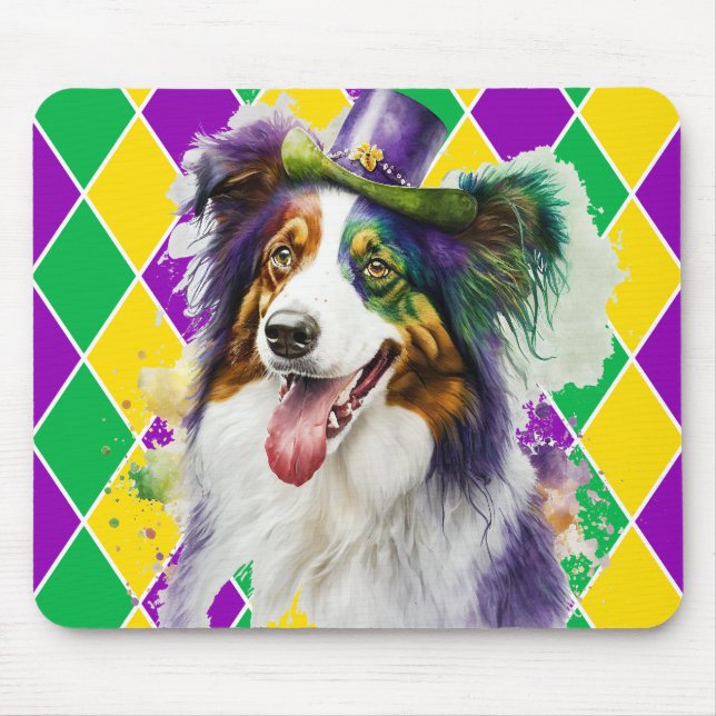 CUTE WATERCOLOR MARDI GRAS COLLIE DOG MOUSE MAT (Front)