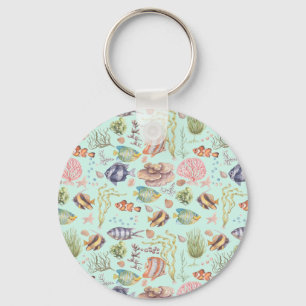 Cute Watercolor Marine Life Fish and Coral Key Ring