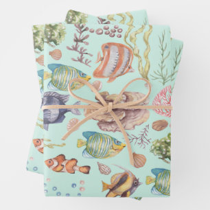 Cute Watercolor Marine Life Fish and Coral  Wrapping Paper Sheet
