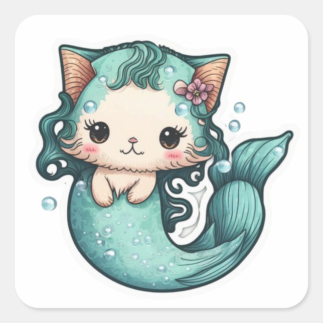 Cute Watercolor Mermaid Cat Square Sticker (Front)