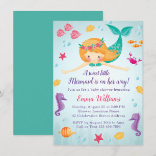 Cute Watercolor Mermaid Girl Baby Shower Invitation