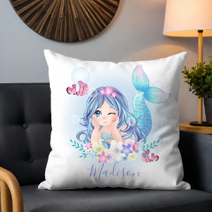 Cute Watercolor Mermaid Personalised Name Cushion