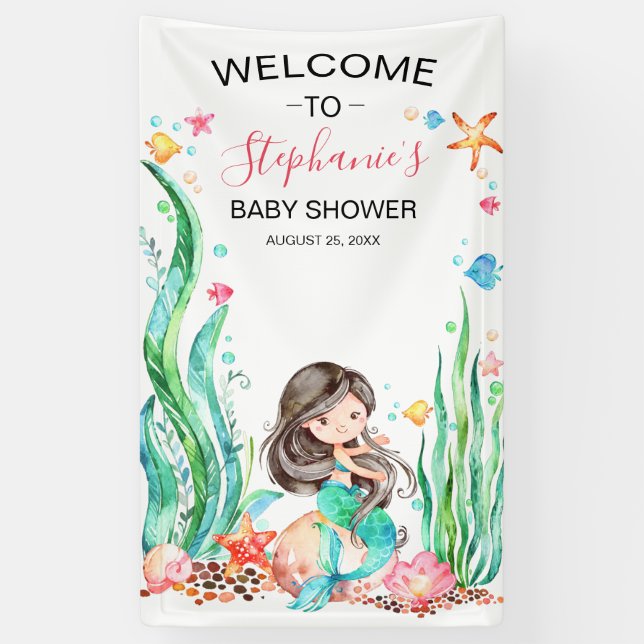 Cute Watercolor Mermaid Under the Sea Baby Shower Banner (Vertical)