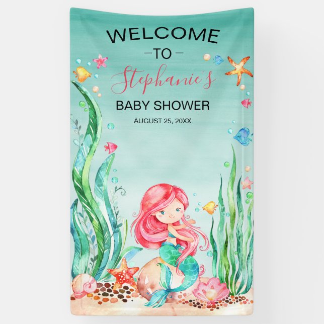 Cute Watercolor Mermaid Under the Sea Baby Shower Banner (Vertical)