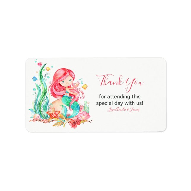 Cute Watercolor Mermaid Under the Sea Baby Shower Label (Front)