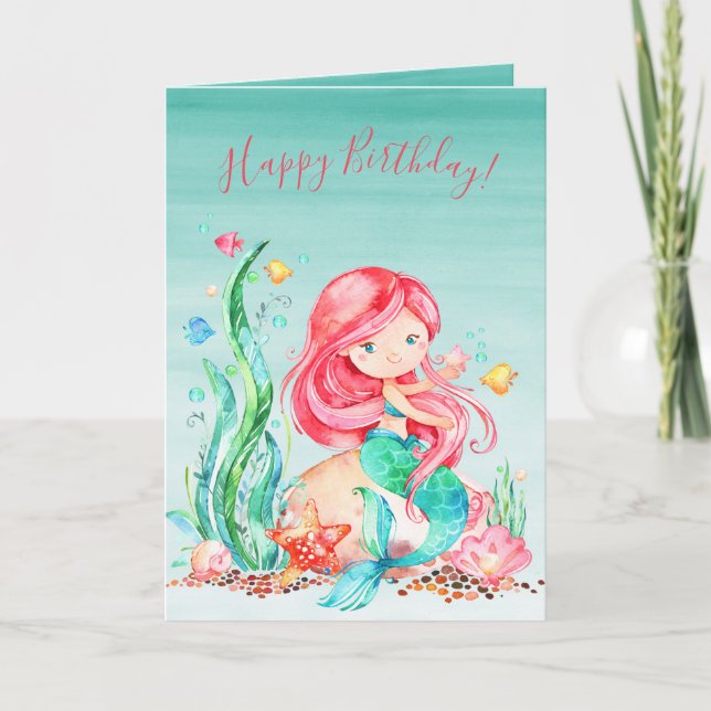 Cute Watercolor Mermaid Under the Sea Birthday Car Card (Front)