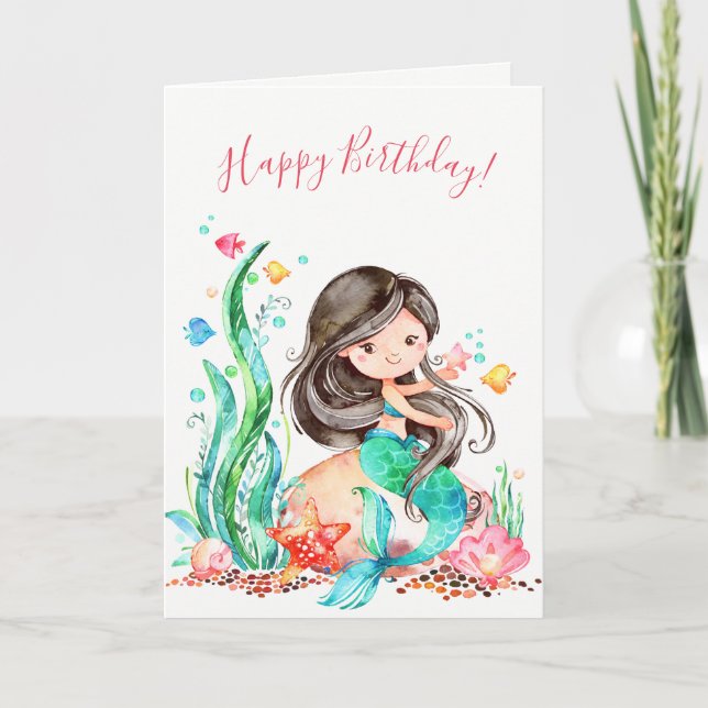Cute Watercolor Mermaid Under the Sea Birthday Card (Front)