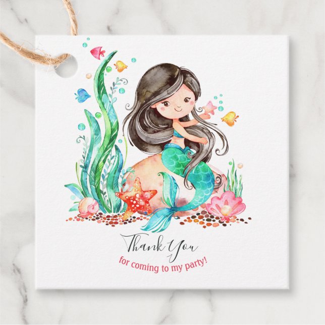 Cute Watercolor Mermaid Under the Sea Birthday Favour Tags (Front)