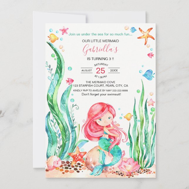 Cute Watercolor Mermaid Under the Sea Birthday Inv Invitation (Front)