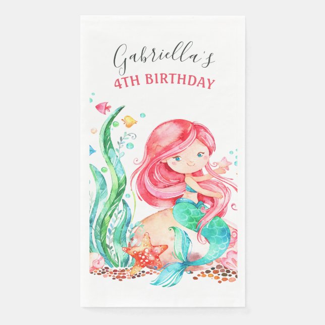 Cute Watercolor Mermaid Under the Sea Birthday Pap Napkin (Front)