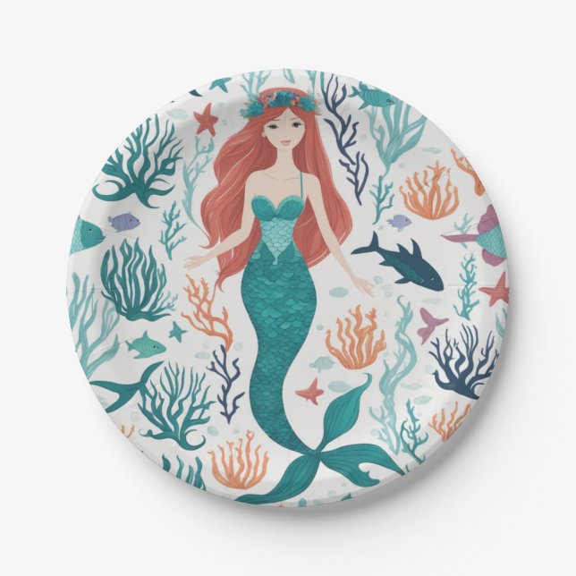 Cute Watercolor Mermaid Under the Sea Birthday Paper Plate (Front)