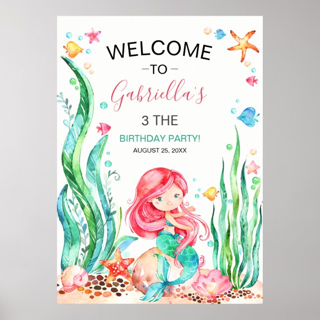 Cute Watercolor Mermaid Under the Sea Birthday Pos Poster (Front)