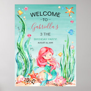 Cute Watercolor Mermaid Under the Sea Birthday Pos Poster