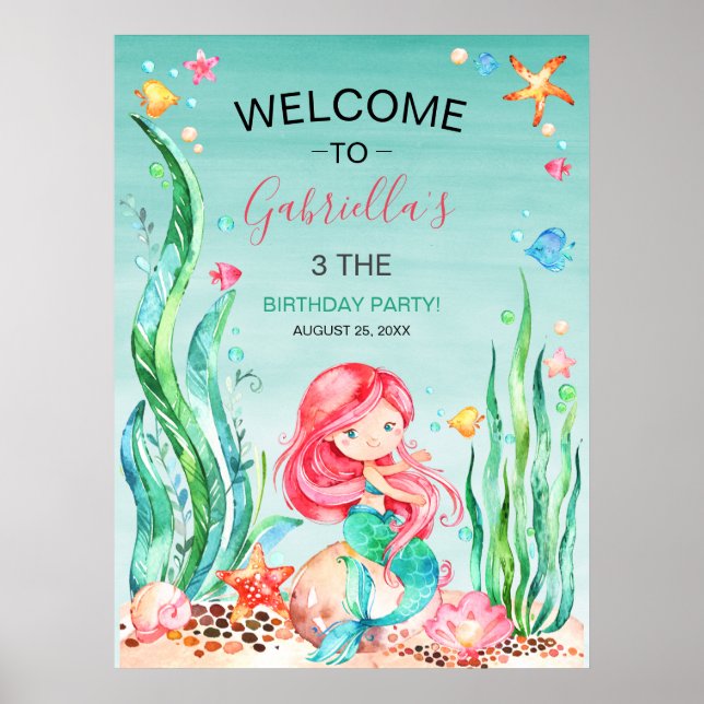 Cute Watercolor Mermaid Under the Sea Birthday Pos Poster (Front)