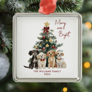 Cute Watercolor Merry & Bright Dogs Christmas Metal Tree Decoration