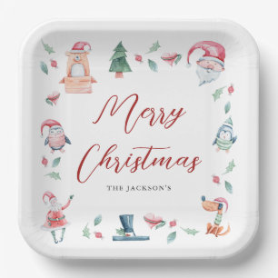 Cute Watercolor Merry Christmas Personalised  Paper Plate