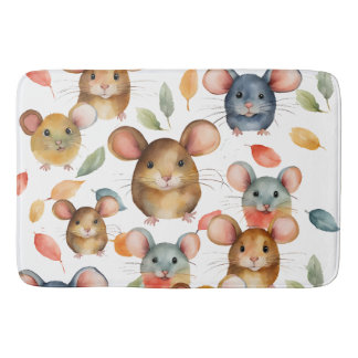 Cute Watercolor Mice and Autumn Leaves Pattern Bath Mat