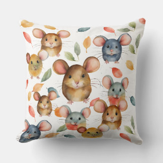 Cute Watercolor Mice and Autumn Leaves Pattern Cushion