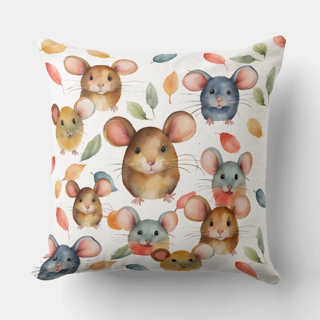 Cute Watercolor Mice and Autumn Leaves Pattern Cushion (Front)