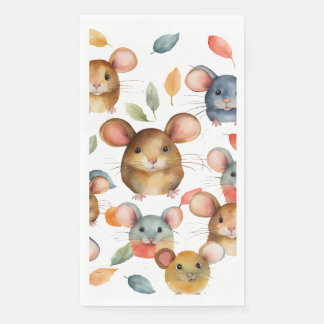 Cute Watercolor Mice and Autumn Leaves Pattern Napkin