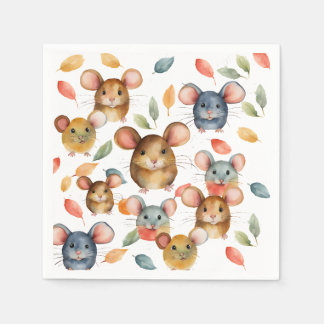 Cute Watercolor Mice and Autumn Leaves Pattern Napkin