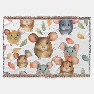 Cute Watercolor Mice and Autumn Leaves Pattern Throw Blanket