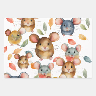 Cute Watercolor Mice and Autumn Leaves Pattern Wrapping Paper Sheet