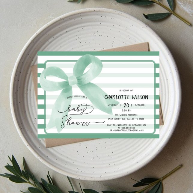 Cute Watercolor Mint Bow Baby Shower Invitation (Creator Uploaded)