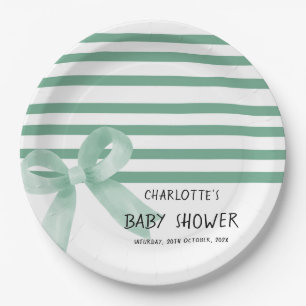 Cute Watercolor Mint Bow Baby Shower Paper Plate