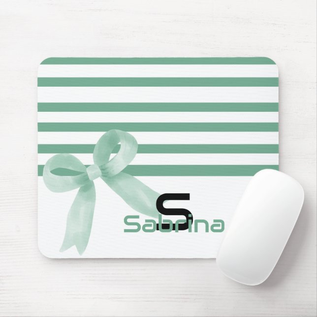 Cute Watercolor Mint Bow Stripes Mousepad (With Mouse)