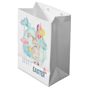 Cute Watercolor Modern Happy Easter Bunny Balloons Medium Gift Bag