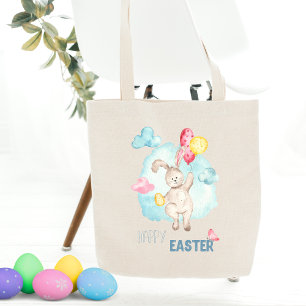 Cute Watercolor Modern Happy Easter Bunny Balloons Tote Bag