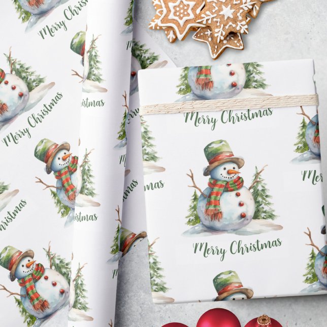 Cute Watercolor Modern Red Green Snowman Christmas Wrapping Paper (Creator Uploaded)