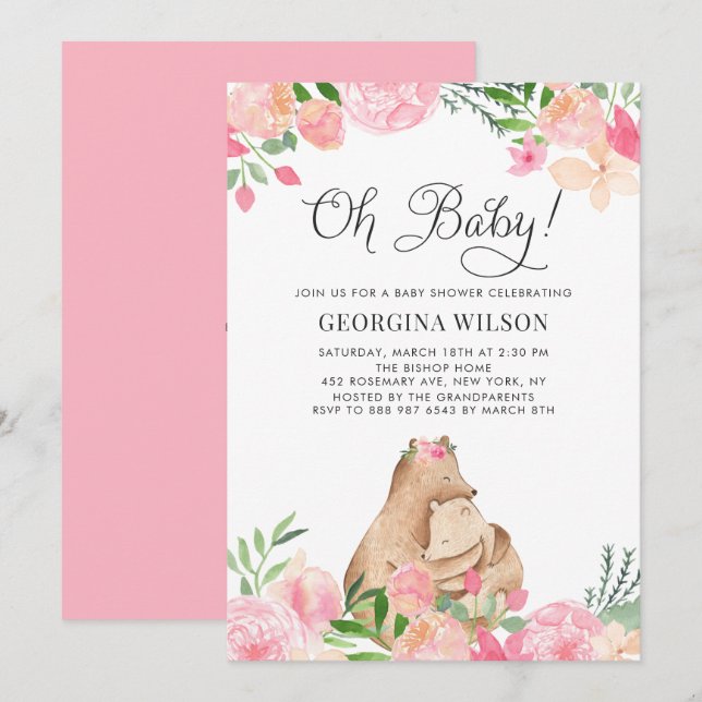 Cute Watercolor Mommy and Baby Bear Baby Shower Invitation (Front/Back)
