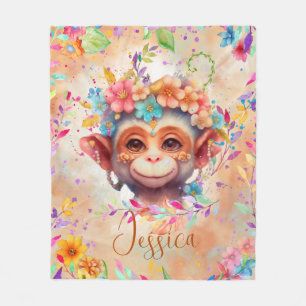 Cute Watercolor Monkey with flowers  Fleece Blanket
