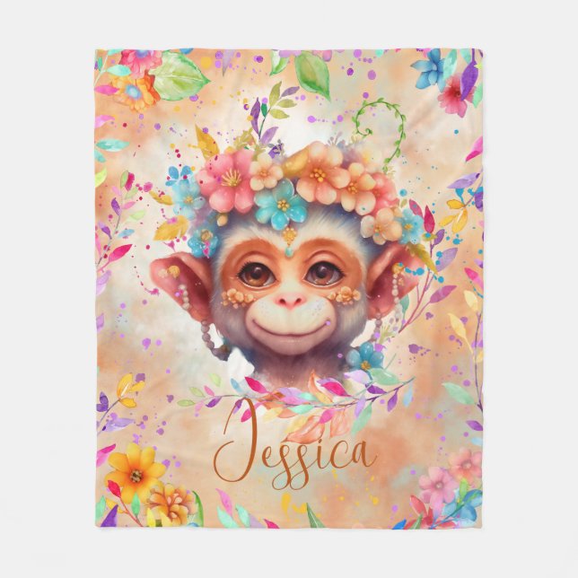 Cute Watercolor Monkey with flowers  Fleece Blanket (Front)